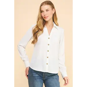 Textured Crepe Pearl Rhinestone Button Dress Shirt Blouse