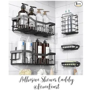 Rustproof Shower Caddy 5 Pack - Efficient Bathroom & Kitchen Storage with Shower Shelves, Durable & Easy to Clean, Black, Grey & Stainless Steel 3Pc-Black, Self-Adhesive Wall-Mounted Shower Caddy, Stainless Steel L-shaped
