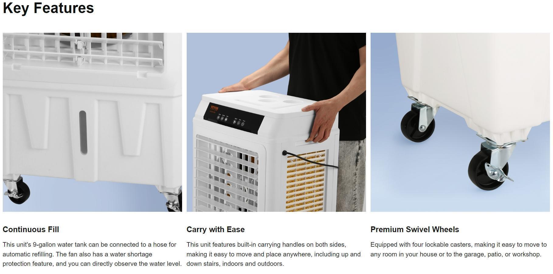 VEVOR Evaporative Air Cooler, 3100 CFM, 135° Oscillating Swamp Cooler with Adjustable 3 Speeds and 12 H Timer, 9 Gal Portable Air Cooler for 950 Sq.ft, Indoor/Outdoor Use