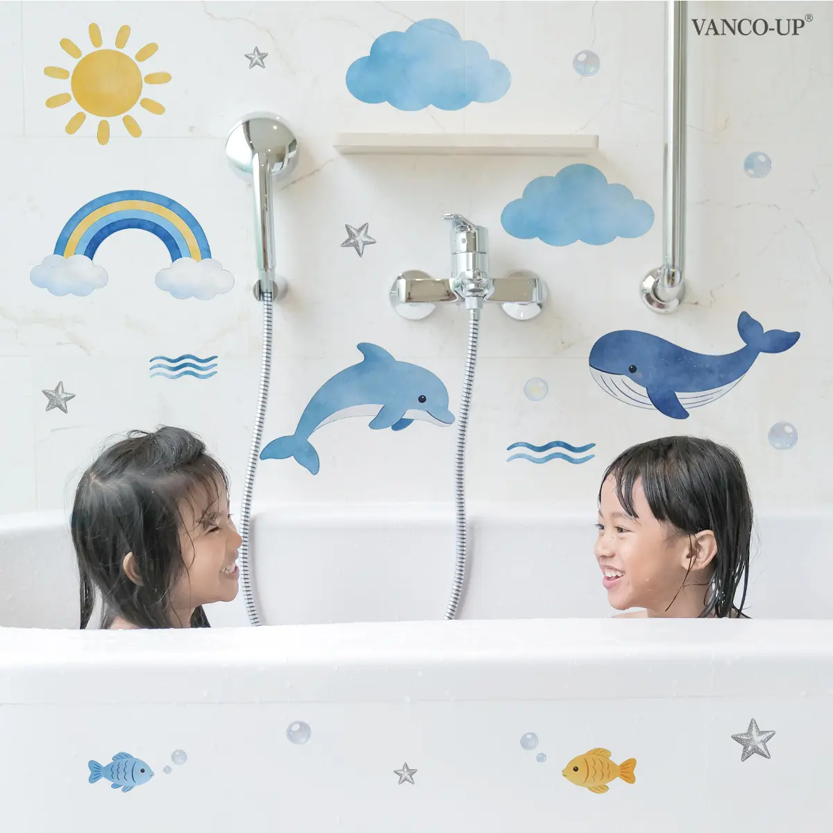 1Pc (30*60cm) Watercolor Style Marine Animal Wall Sticker, Dolphin and Whale Decor Sticker for Kids Room & Bathroom