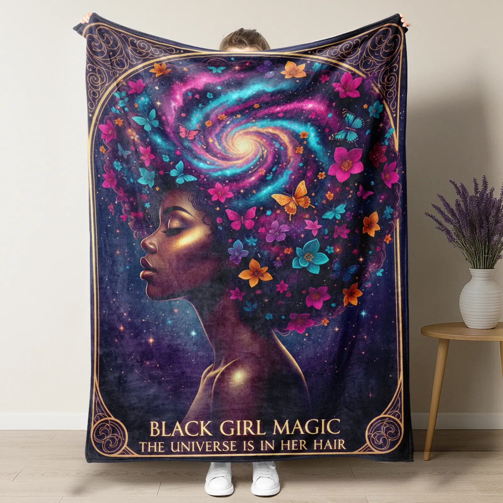 Black Girl Magic Blanket - "The Universe is in Her Hair" Galaxy Afro Art Throw - African American Woman Floral Butterfly Flannel Fleece - Afrocentric Decor Gift for Women & BHM