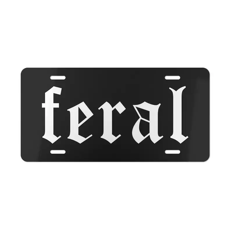 Feral Front License Plate, Funny Gen Z Vanity Plate, Black Gothic Aluminum Car Tag, Cute Vehicle Accessory, Novelty Front License Plate, Funny Auto Decor, Trendy Car Decoration, Gift for Women, Gift for Friends