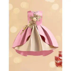 New(New)Girls' Wedding Princess Party Dress with 3D Appliqué Vestal Gown - Sleeveless -Line Knee-Length Dress for Weddings, Pageants & Special Occasions - Year-Round Formal Attire for Toddlers & (Hand Washable)
