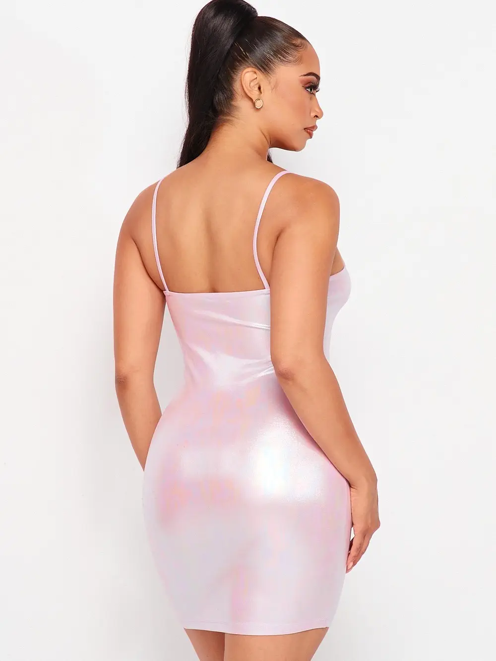 Women's Oil Slick Foil Sleeveless Spaghetti Strap Shimmer Metallic Bodycon Sexy Mini Dress, Casual Womenswear Clothing, Straps, Statement