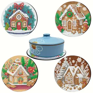 4-Piece Christmas Cabin Diamond Painting Placemat Set, DIY Full Round Rhinestone Art, Wooden Table Mats for Dining & Tea, Home Decor