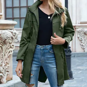 European & American Autumn Winter New Hooded Waist-Cinching Raincoat Women's Long Sleeve Fitted Rainwear Outdoor Hiking Jacket Coat Tops Basic Casual Minimalist Grey Red Black Green
