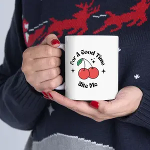 Bite Me Cherry Mug • Funny Ceramic Coffee Cup, For a Good Time • Sassy Adult Humor Gift, Cherry Graphic, Unisex Kitchen Drinkware, Clean Simple Cute Tea Cup, Gift for Coworker, Sarcastic Friend, Coffee Lovers Edgy Honest Relatable Sarcasm Glossy Tumbler