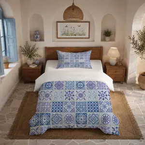 2/3-Piece Blue & Purple Portuguese Tile Print Duvet Cover Set, Boho Mediterranean Style Bedding, Single-Side Printed, No Insert Included, Ideal for Bedroom, Guest Room Decor & Gifting
