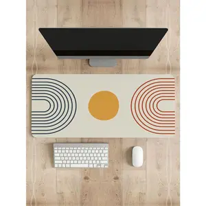 Mid Century Modern Boho Rainbow Desk Mat Aesthetic, Beige Boho Desk Mat, Desk Mat, Pastel Desk Accessories, Home Office Desk Protector Mat