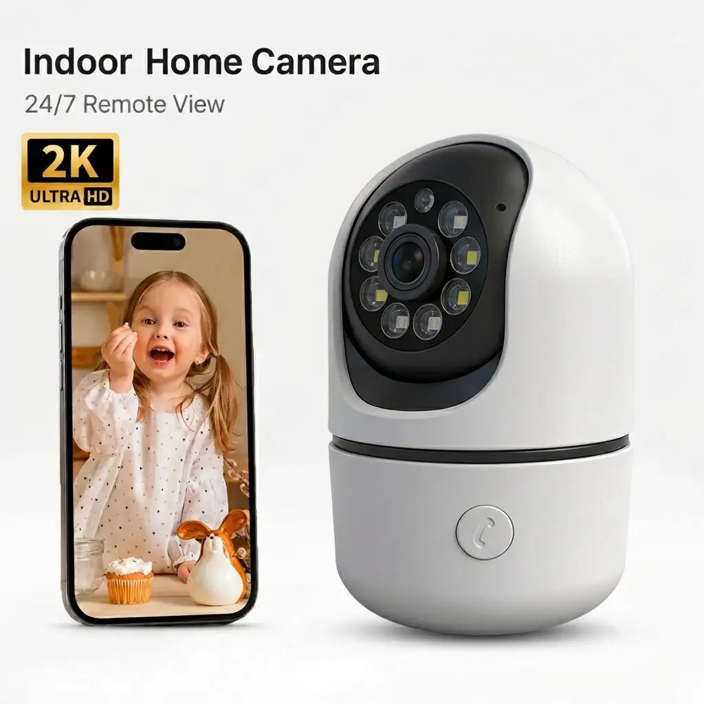 CowWolf 2K HD Indoor Security Camera 355° Pan Tilt，2.4GHz WiFi Pet Monitor Baby Camera Night Vision Motion Alert Two Way Audio Screen Sharing Cloud & SD Storage