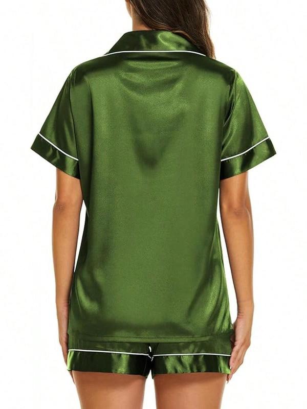 Silk Pajama Sets Womens 2 Pieces Short Sleeve Sleepwear Soft Button Down Loungewear Satin Pjs Shorts Lounge Set S XXL - Army Green