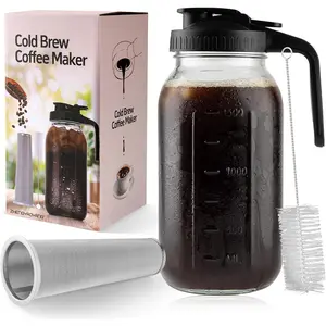 Cold Brew Coffee Maker, 64 oz Glass Pitcher with Mesh Filter, 2 Quart Mason Jar with Lid