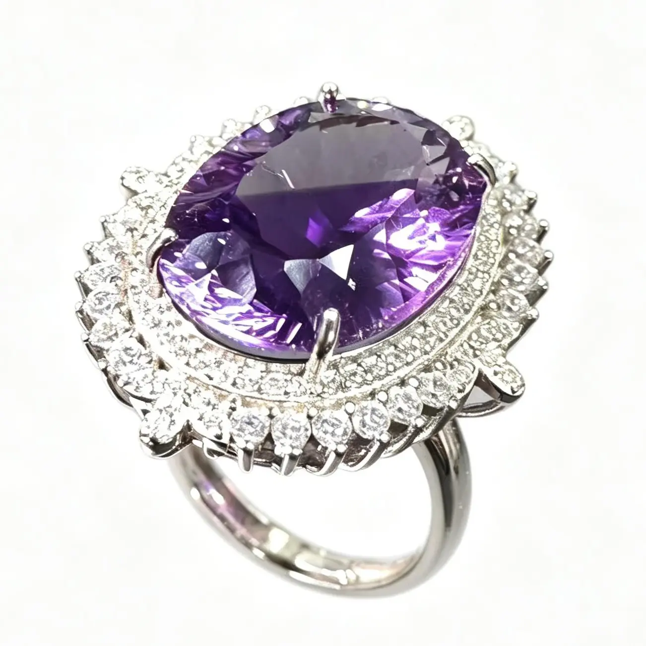 925 Sterling Silver Adjustable Oval Cut Amethyst Double Halo Statement Ring - 17.8×12.8mm Natural Amethyst, CZ Cocktail Ring