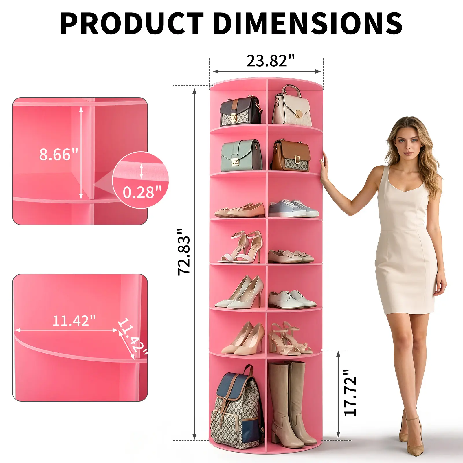 7-tier, 360° rotating wood-plastic composite shoe rack,  23.6 x 23.6 inches , pink