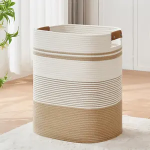 Laundry Basket with Handles - Blanket Basket & Hampers for Bedroom Aesthetic, Laundry Hamper & Blanket Storage for Living Room, Clothes Hamper, Tall, Large Light Grey & White