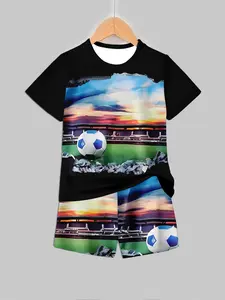 Kids 2 Piece Short Set, 3D Soccer Stadium & Ball Graphic T-Shirt and Shorts Sports Outfit for Boys