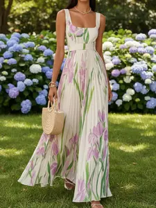 Women'S Spring/Summer Square Neck Sleeveless Dress |   Elegant Flowy Design, Floral Pattern, Ideal For Vacations & Dates