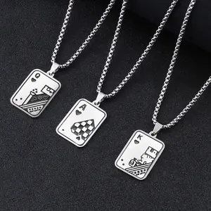 Retro Hip-Hop Bead Square Pearl Chain Necklace - Stainless Steel Square Pendant with AKQ Drip Oil Playing Card, 1pc Unisex Costume Jewelry for Casual Wear, Hip-Hop Look Ideal Birthday Gift Accessory
