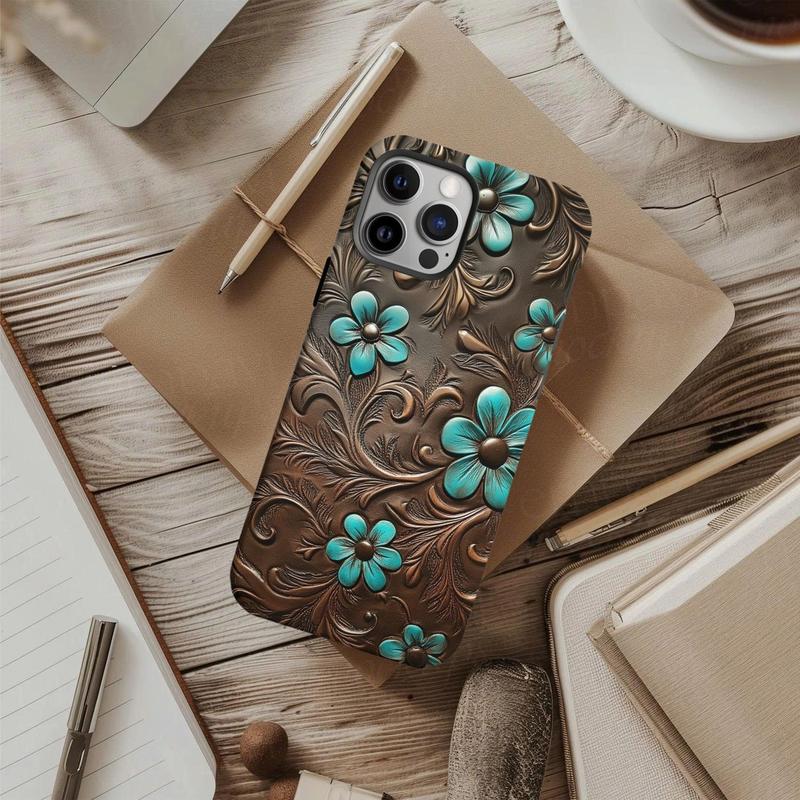Western Turquoise Floral Tooled Leather Style Case for iP Phone 17 16 15 14 13 12 11 Pro Max Plus X XR XS - Boho Country Chic 3D Effect Print Cover 🌵💎✨