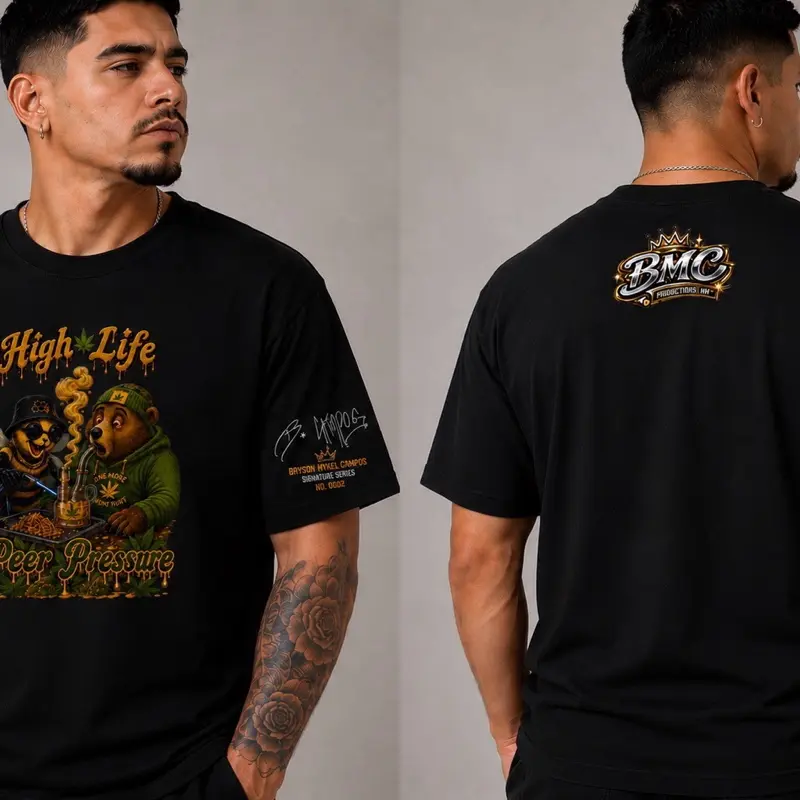 Men's Casual Cotton Short-Sleeve Graphic Tee - High Life: Peer Pressure, Signature Series No. 0002, Premium, BMC Productions NM-Cozy Dad Apparel