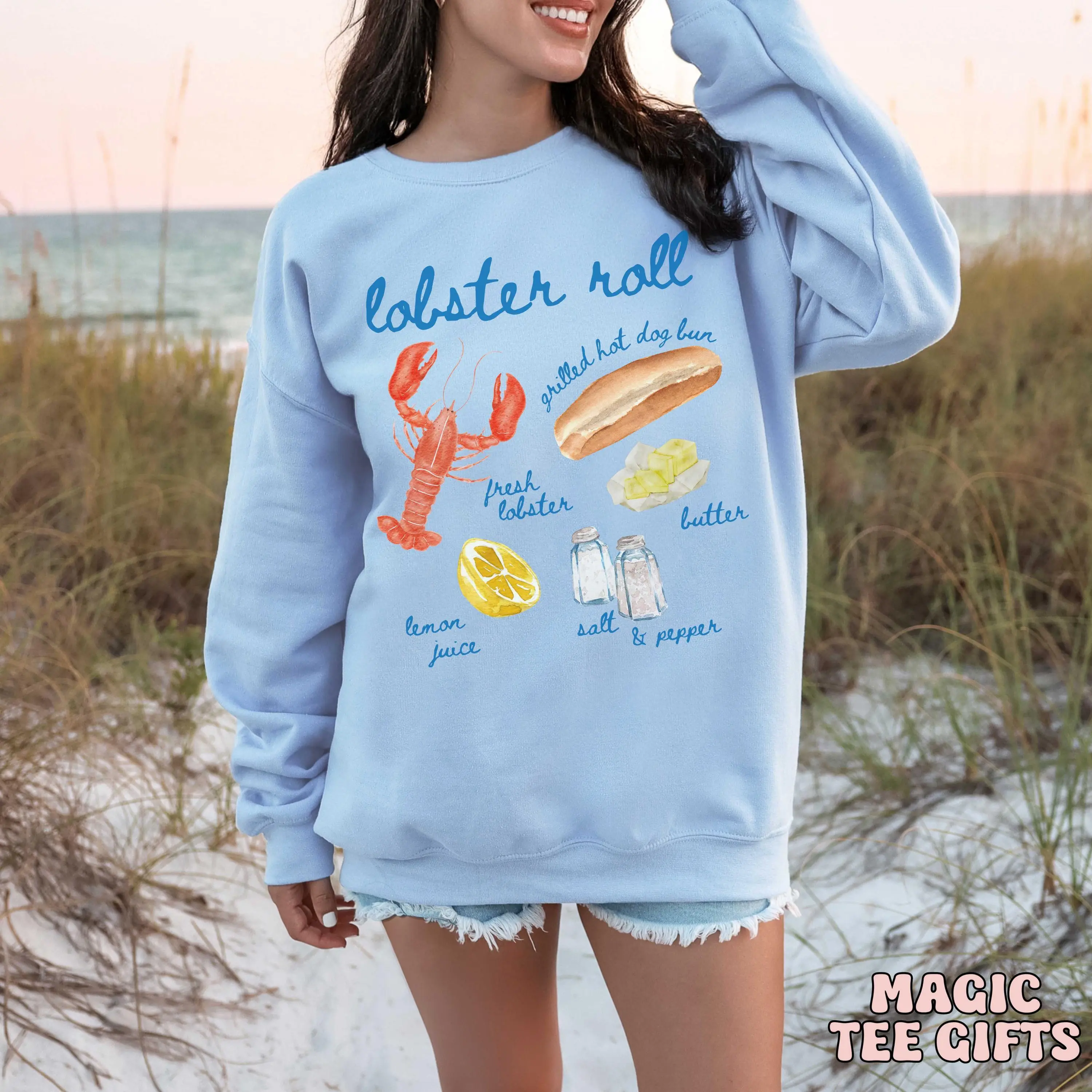 Lobster Roll Sweatshirt Maine Lobster Beach Seafood Ocean Sea Nautical Print New England Fisherman Coastal