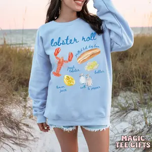 Lobster Roll Sweatshirt Maine Lobster Beach Seafood Ocean Sea Nautical Print New England Fisherman Coastal