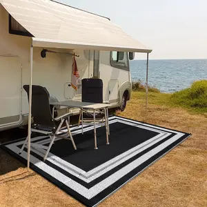 Modern Plaid Waterproof Carpet Outdoor Geometric Rug Double-sided Straw Carpet Easy To Clean and Carry for Courtyard RV Balcony Beach Camping Mat
