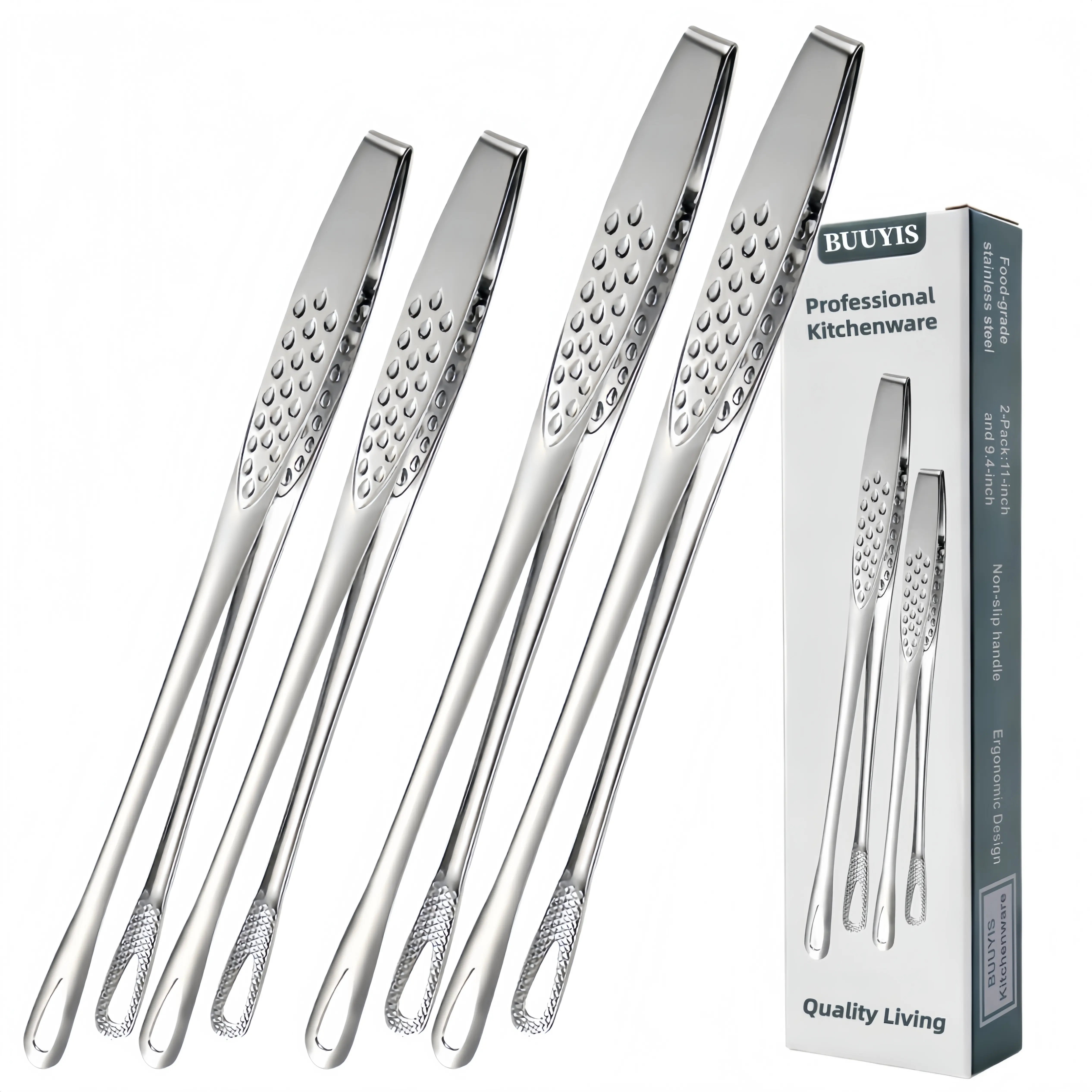 4-Piece Professional Long Precision Tweezer Set (Includes 9-inch and 10-inch sizes) – Made of stainless steel; suitable for kitchen cooking, food handling, repair work, seafood preparation, and grilling.