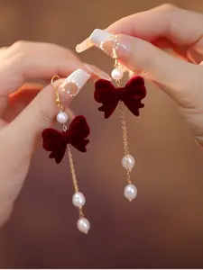 Pair of Elegant Vintage & Velvet Burgundy Bow Earrings - Golden Chain Tassel, Red Flocking Bow, Perfect for Daily Wear or Parties, Earrings, Best for Christmas, High Quality Earrings