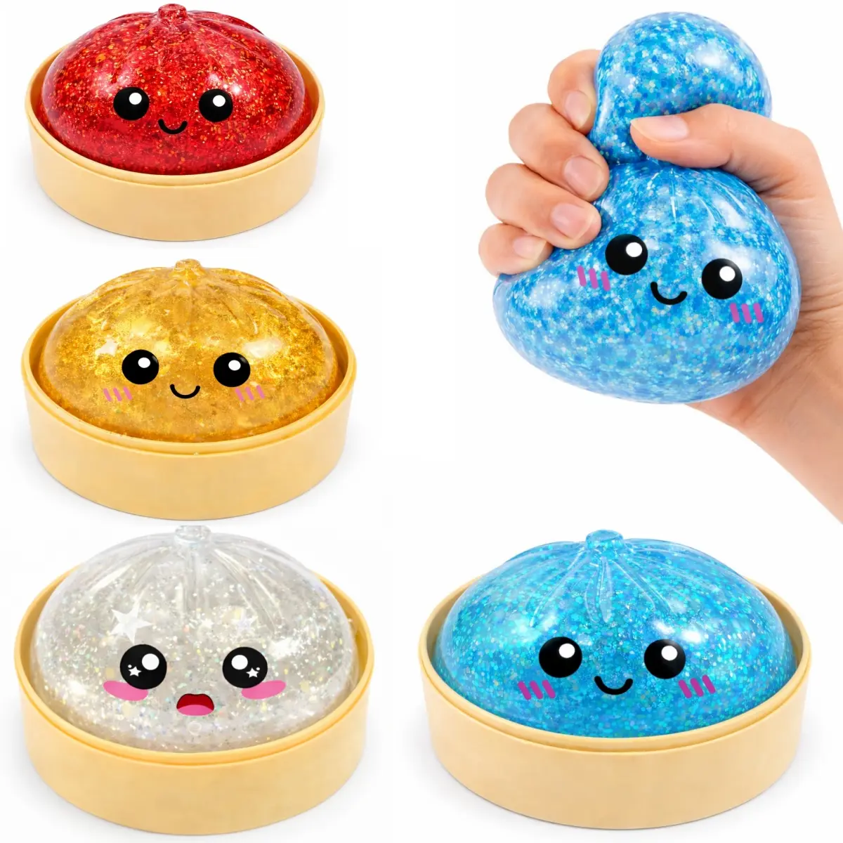 Glitter Series Big Dumpling Squishy Fidget Toy - Squishy Toys for Stress Relief, Oddly Satisfying Sparkle in Hand, Soft Bounce Soothes Touch, Steamer Storage Case, Lightweight Portability, Assorted Collectible Squishies, Suitable for Ages 3+, Character Sq