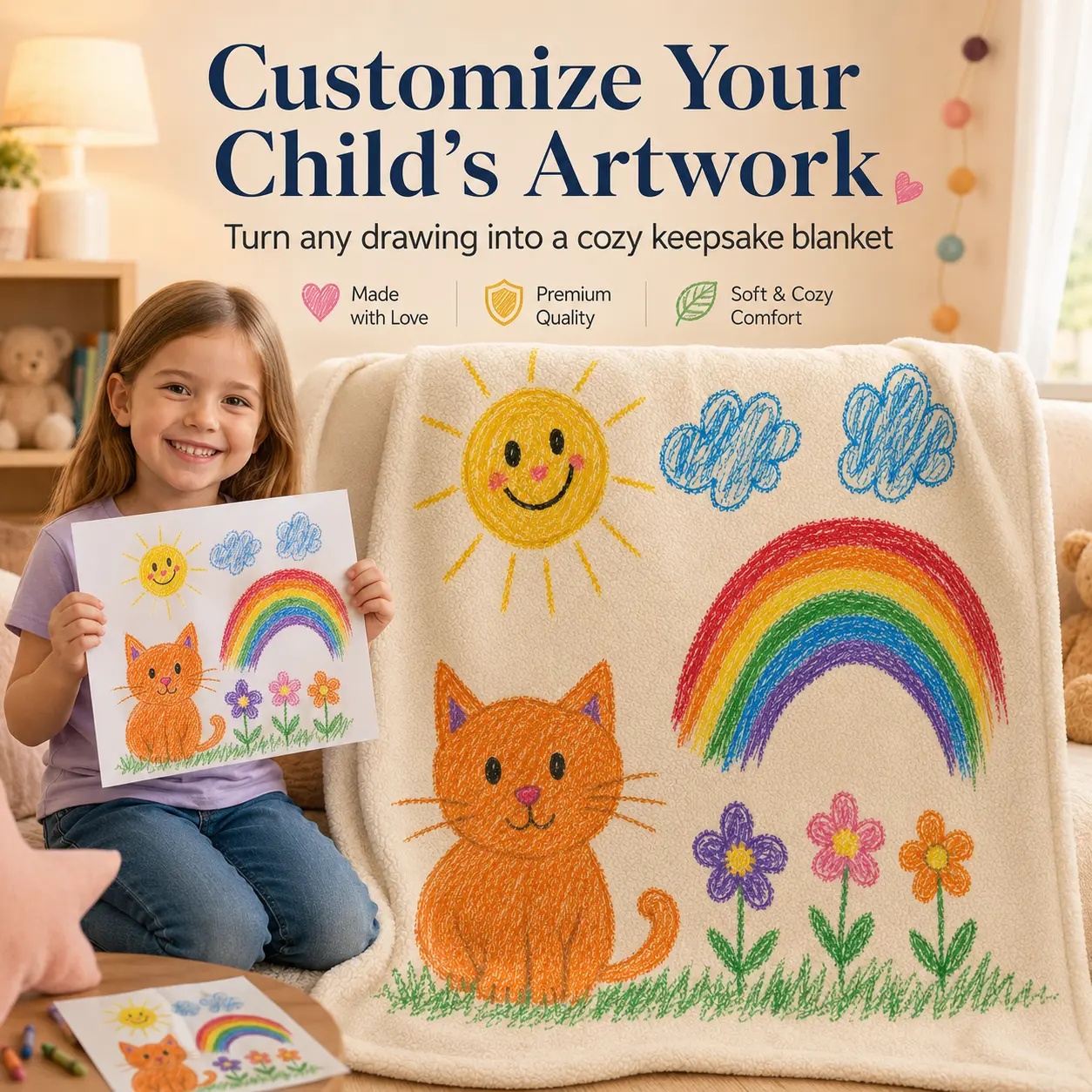 Personalized Children’s Art Fleece Throw Blanket - Custom Drawing Printed, Family Keepsake Gift for Christmas, Father’s Day Home, Room, House Decor, Room Decor