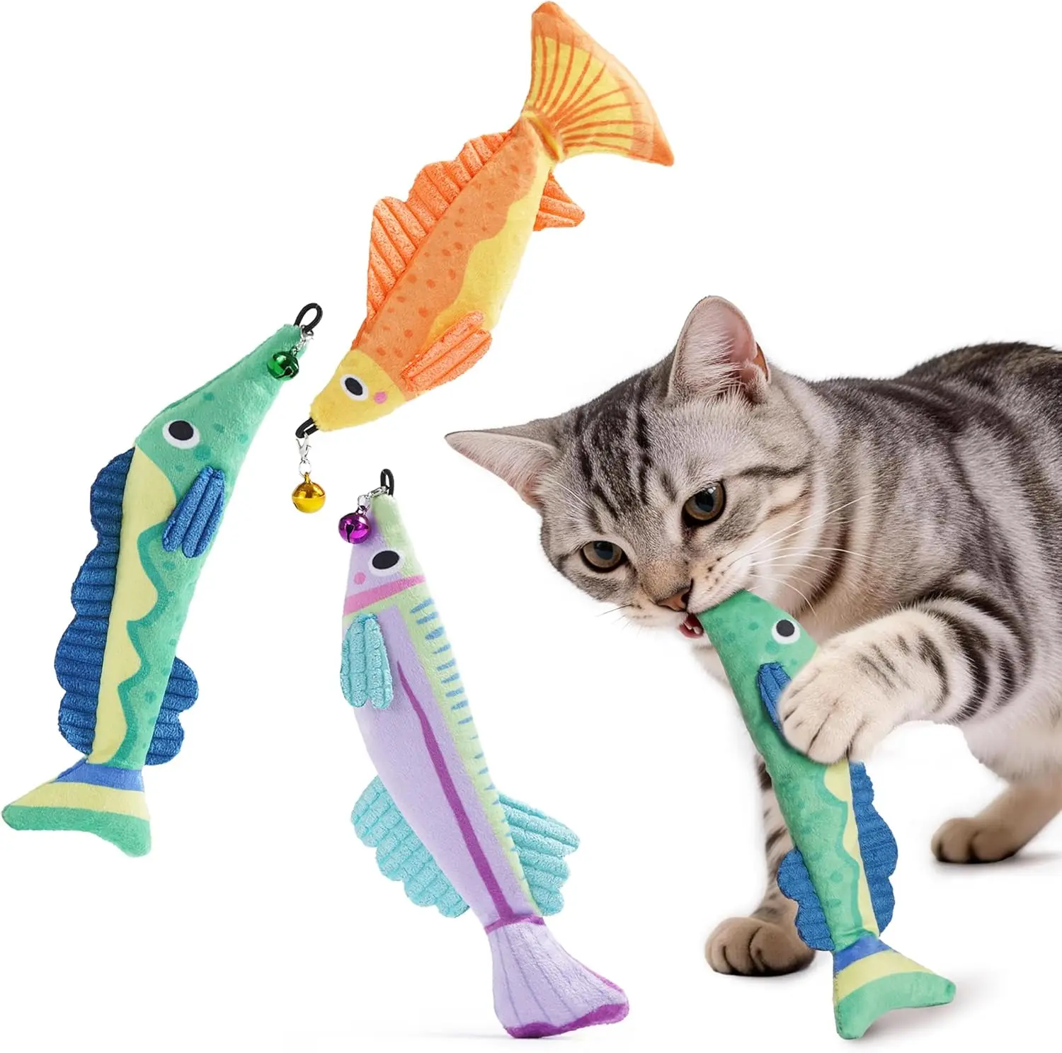 Puretoy 3 Pack Topmouth Catnip Fish with Removable Bell, 12000mg 100%Premium Cat Herb Filling, Natural Stimulation for Cats, Kicking & Teething Cat Toys