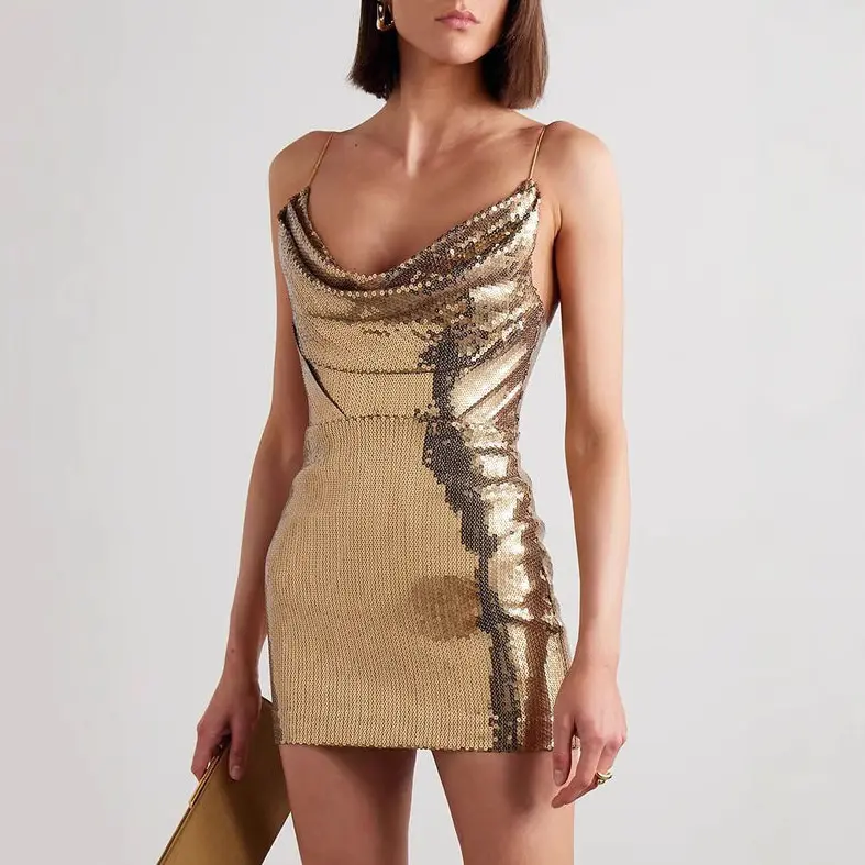 Women's Gold Sequin Cowl Neck Spaghetti Strap Mini Dress - Ruched Glitter Bodycon Party Dress for Night Out, Cocktail Event, Prom - TikTok Shop Women's Gold Sequin Cowl Neck Spaghetti Strap Mini Dress - Ruched Glitter Bodycon Party Dress for Night Out, Cocktail Event, Prom - TikTok Shop
