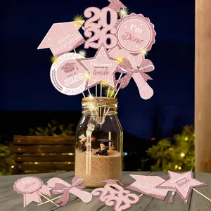 Graduation Decorations for Class of 2026-30pcs Glitter Pink Rose Gold Grad Party Table Centerpieces Sticks with LED String Light for College High School 2026 Graduation Party Favors Supplies