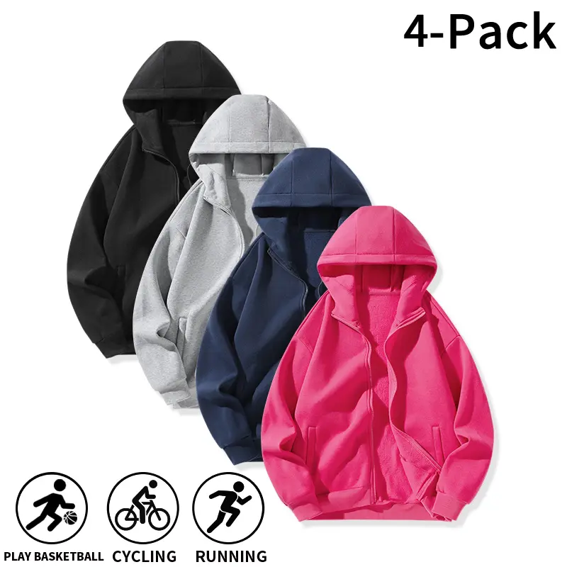 2026 New Autumn/Winter Men’s Full-Zip Hooded Top with Windproof Collar, 4-Pack, Anti-Pilling Comfortable Fabric, suitable for sports training, basketball games, cycling, and outdoor running, classic minimalist casual design, colorfast everyday zip-up top