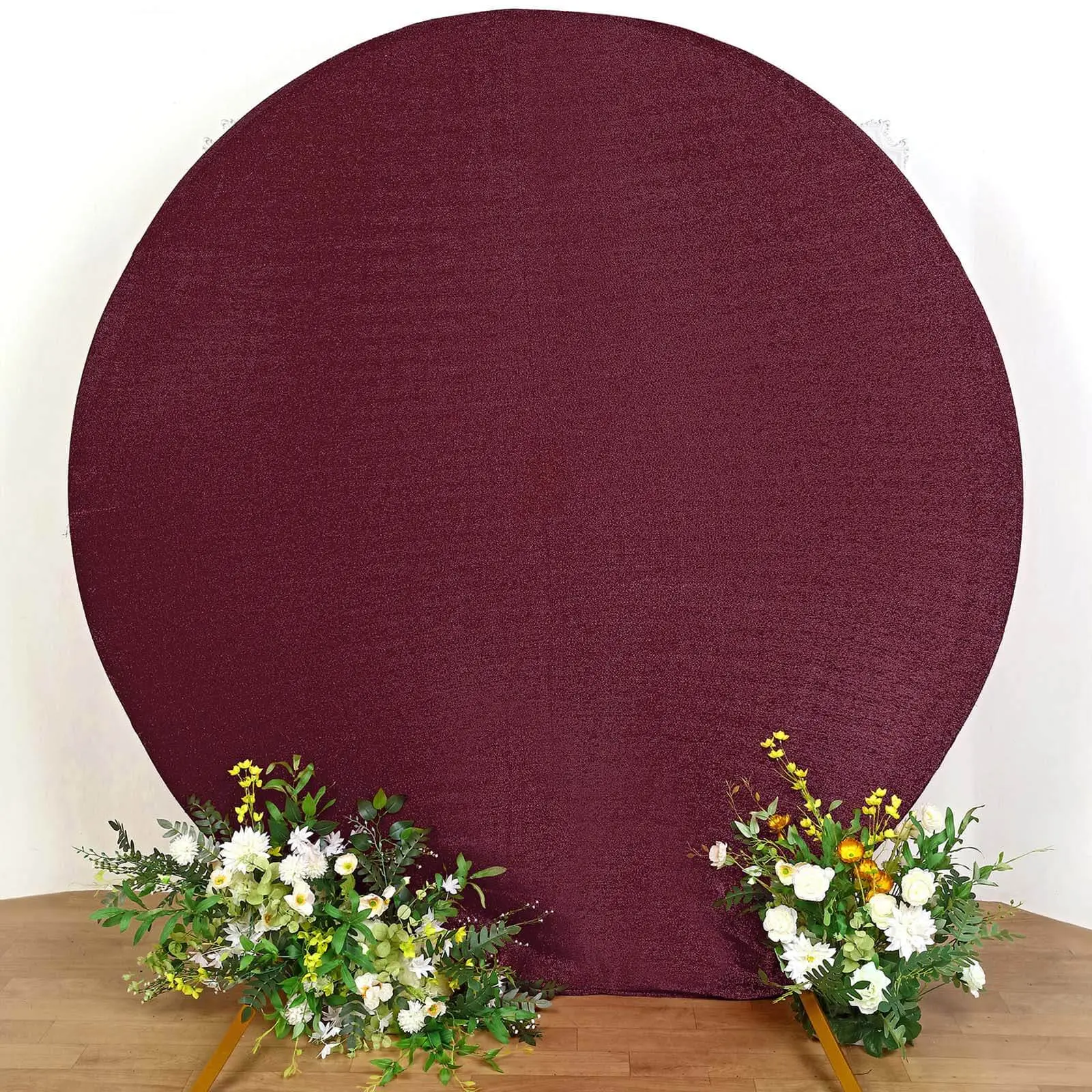 7.5ft Burgundy Metallic Shimmer Tinsel Spandex Round Wedding Arch Cover - 2-Sided Round Top Indoor Wall Hanging for Party Decor, Birthday Party