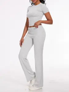 NANKEYSTAR Women's 2-Piece Lounge Sets Short Sleeve Boot-Cut Pants Loungewear Tracksuits Comfortable Modal Material Pjs Pyjamas Basic Minimalist Shortsleeve