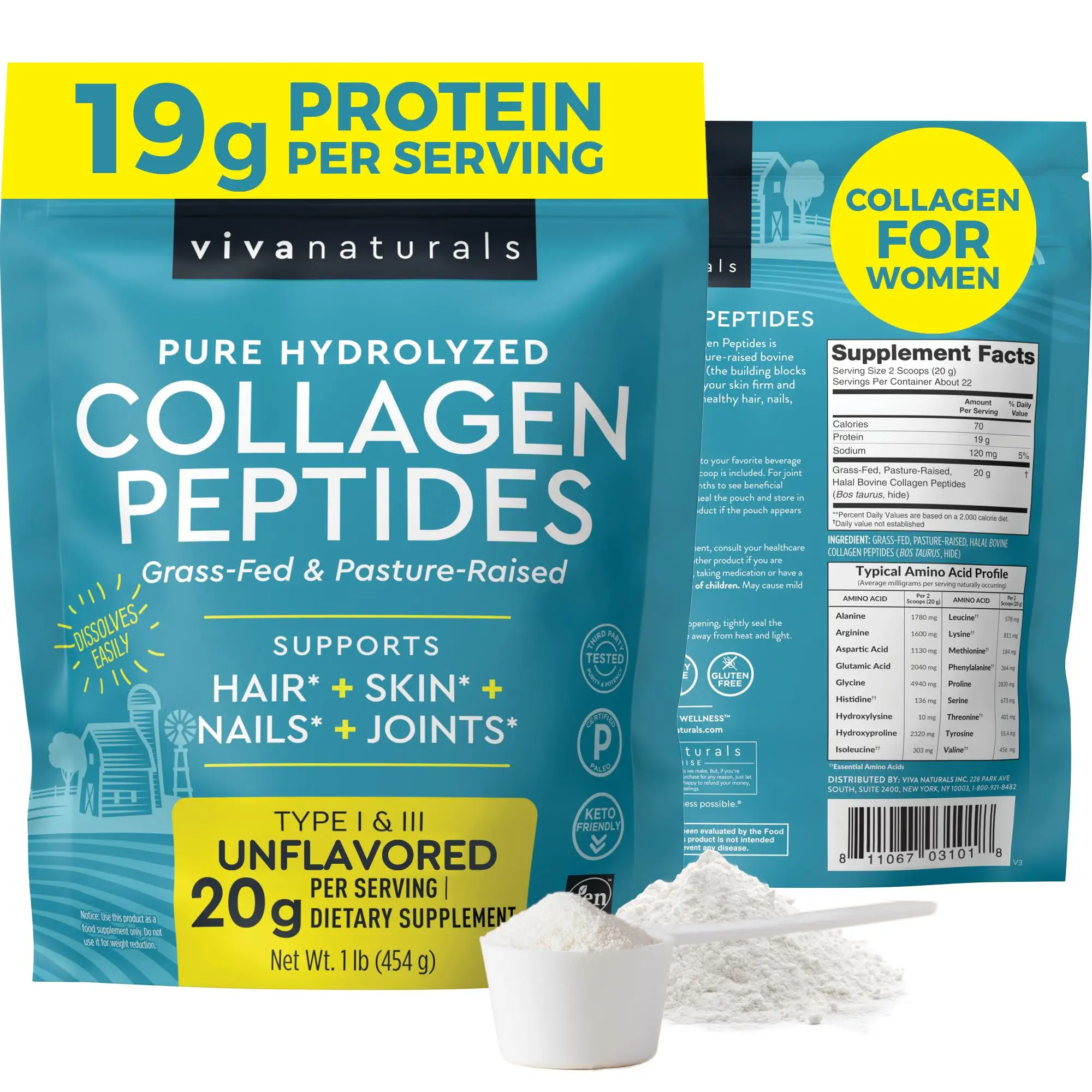 Hydrolyzed Collagen Peptides, 1 lb - Grass-Fed, Pasture-Raised Type 1 & 3 Bovine Collagen Peptides Powder for Women & Men for Supporting Healthy Joint