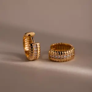 Ribbed Pave Huggies by Caitlyn Minimalist - Chunky Diamond Huggie Hoop Earrings - Thick Statement Earrings - Vintage Jewelry - Gift for Her