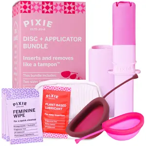 Pixie 2 Menstrual Discs and Applicator Bundle for Feminine Care - 100% Medical-Grade Silicone - Softest Reusable Period Disc - Inserts and Removes Like a Tampon - Capacity of 5 and 7 Tampons