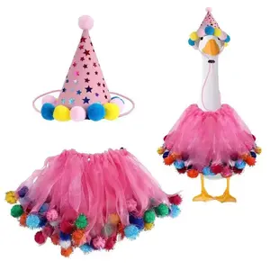 2 Pcs Birthday Porch Goose Outfit Cute Conical Hat And Gauze Skirt Costume, Porch Goose For 23" 17" Cement & Plastic Goose Garden Outdoor Garden Lawn Art Decor ( Pink)