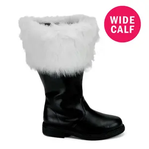 Men's Black Pu Wide Calf Santa Boots with White Faux Fur