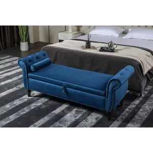 63" Velvet Storage Bench Rectangular Multifunctional Sofa Stool Buttons Tufted Nailhead Trimmed Ottoman Solid Wood Legs with 1 Pillow,Blue