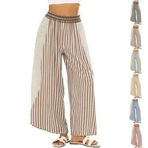 JovenPara Womens Summer Casual Loose Striped Wide Leg Lounge Pants Elastic Waist Palazzo Trousers