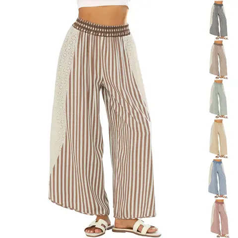 JovenPara Women's Chic Rayon Baggy Boho Striped Lace Wide-Leg Lounge Palazzo Pants - Summer Colorblock, Elastic Waist, Loose Fit, Back to School Use