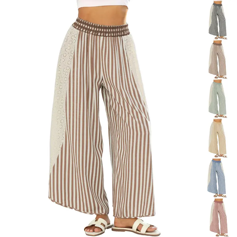 JovenPara Women's Chic Rayon Baggy Boho Striped Lace Wide-Leg Lounge Palazzo Pants - Summer Colorblock, Elastic Waist, Loose Fit, Back to School Use