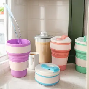 Foldable Silicone Travel Cup with Lid, Portable Reusable Water Bottle, Ideal for Camping Hiking Travel Outdoor Activities 350ML