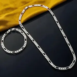 2pcs/set fashion 925 Sterling silver plated 4mm/6mm Triple Figaro Cuban Link Chain Necklace - Hypoallergenic, Tarnish-Resistant, Ideal For Parties & Gifts, Versatile Accessory|Stylish Cuban Link|Durable Chain Design,Durable Hip Hop Jewelry for Daily Wear