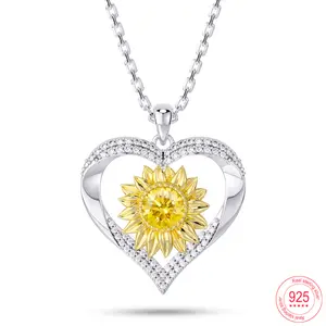 TAANAA "Sunshine" Sunflower Heart Pendant Necklace 925 Sterling Silver New Fashion Original design Women Elegant Handmade Jewelry With Excellent Zircon Mother's Day Birthday Christmas Gifts