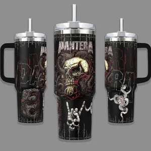 Pantera Skull Snake Heavy Metal Stainless Steel Insulated Travel Tumbler With Handle 20oz 40oz Dark Rock Band Coffee Cup